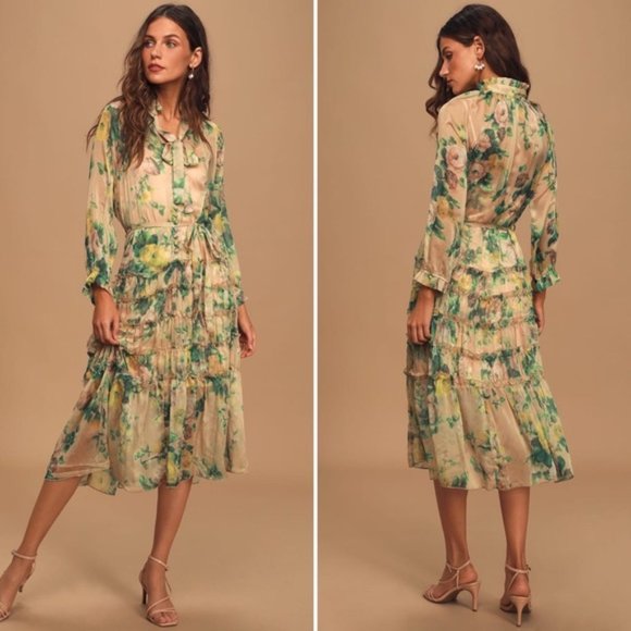 O.P.T. Floral Beige Ruffled Tiered Midi Dress - Picture 10 of 16